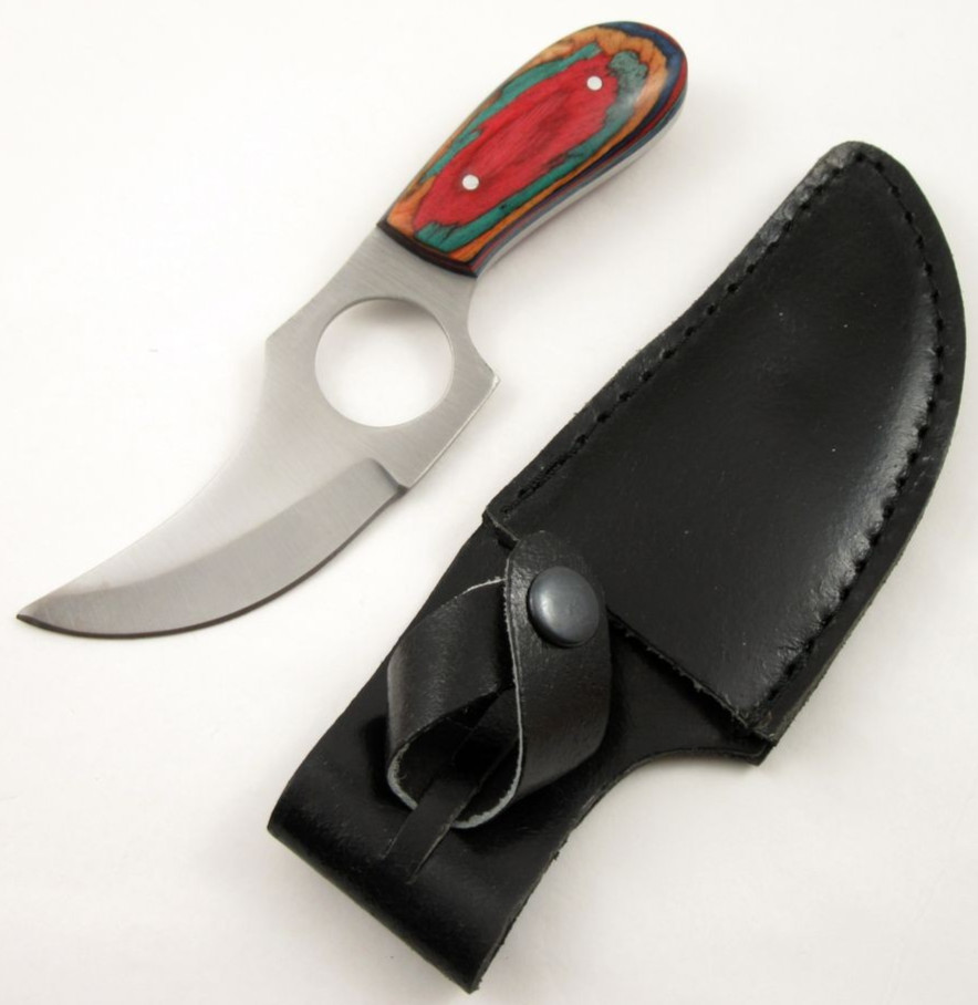 Hunting Knife | 5" Fixed-Blade Skinner Blade Multi-Color Wood Handle + Sheath