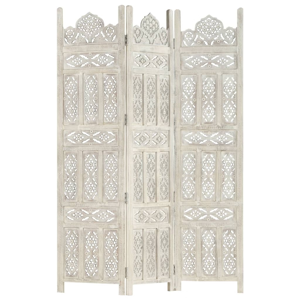 Hand carved 3-Panel Room Divider White 47.2"x65" Solid Mango Wood
