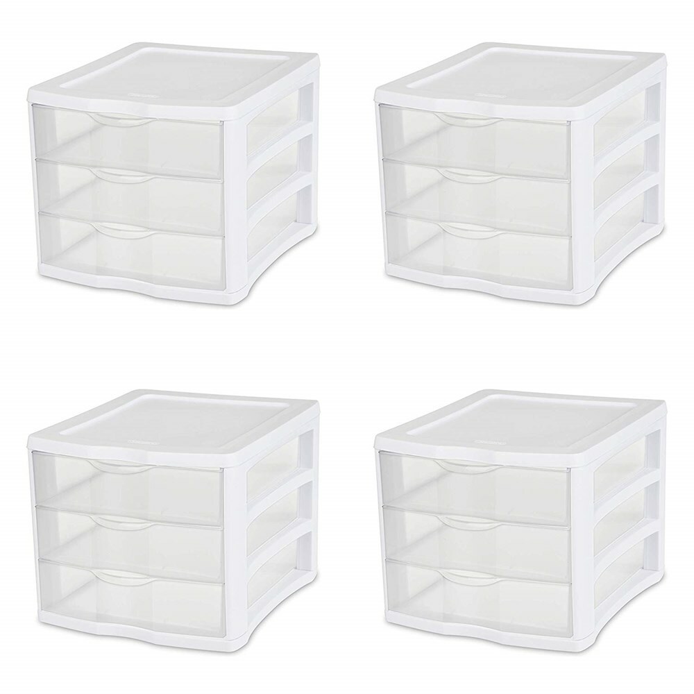 Sterilite 17918004 3 Drawer Unit, White Frame with Clear Drawers, 4-Pack
