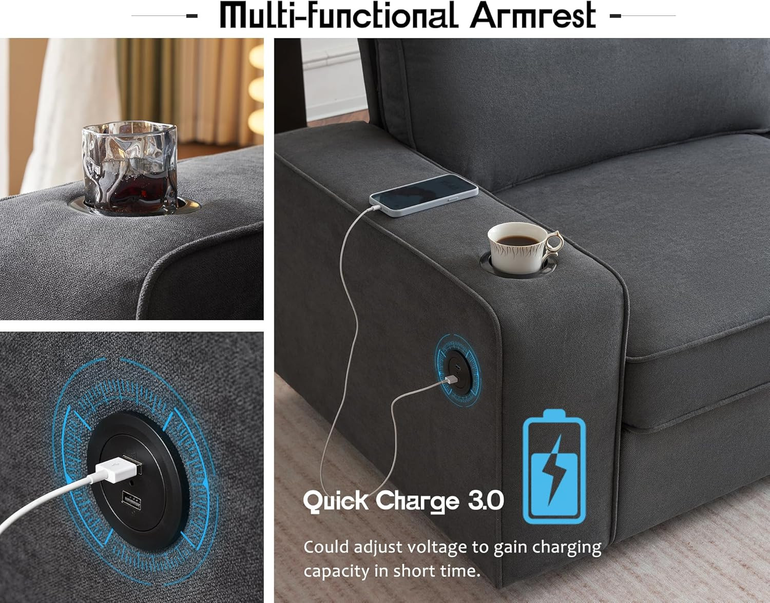 Modern Charcoal Grey Sofa Chair with Storage Ottoman, Cup Holders & USB Ports