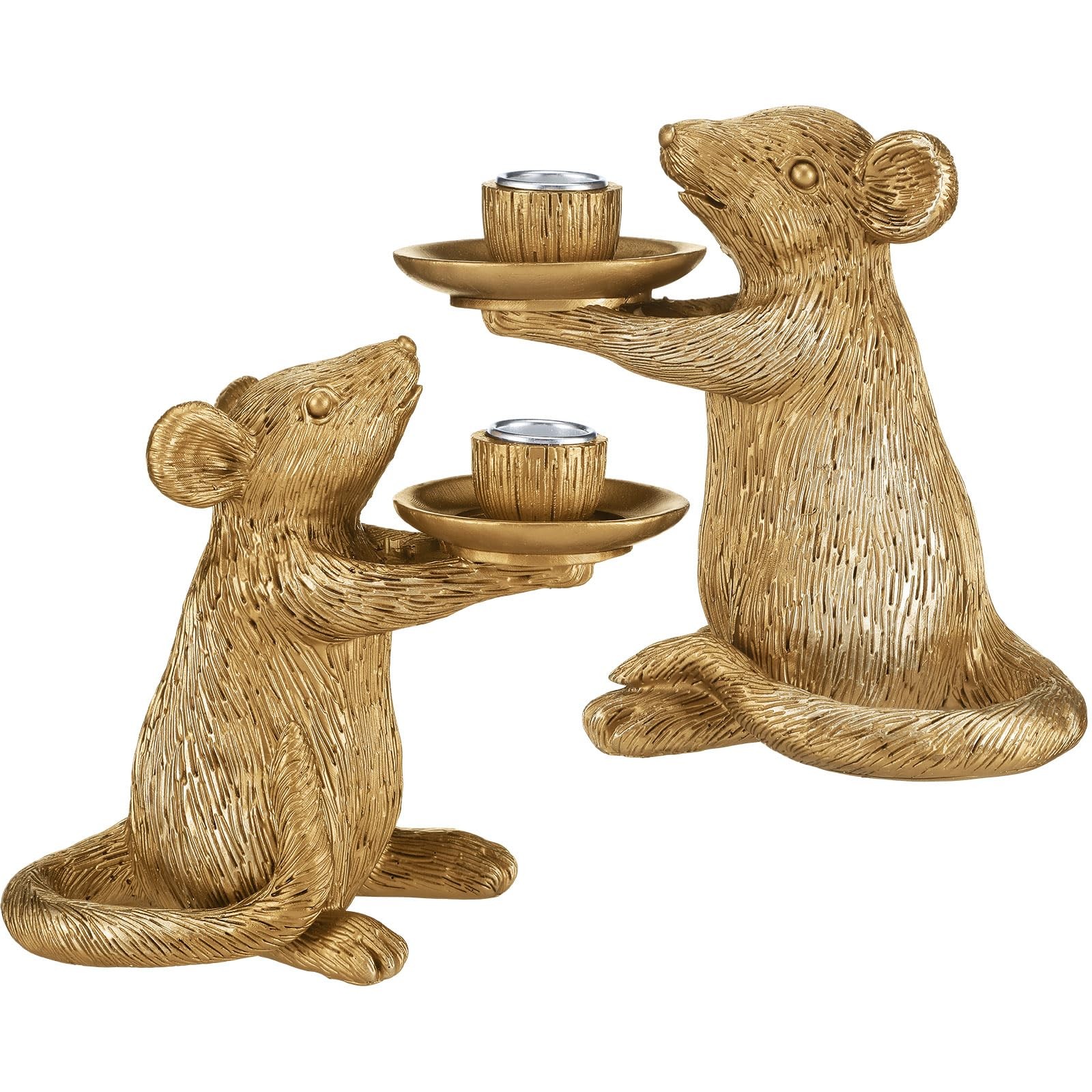 Set of 2 Gold Antique Mouse Candle Holders Resin Candlestick Holder Table Dec...