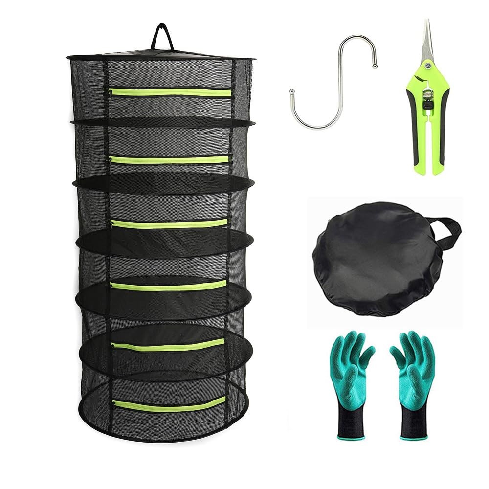 6Layer Herb Drying Rack 2ft Plant Hanging Mesh Dry Net Green Zippers Hook