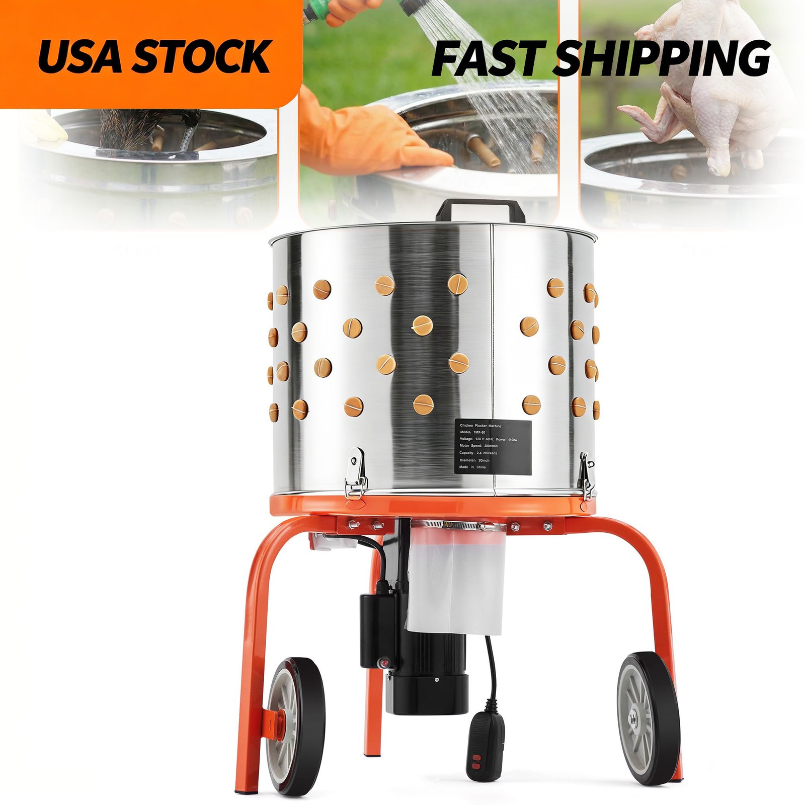Poultry Plucker 20Inch Chicken Plucker Machine 3500RPM Motor 108 Fingers SS Drum