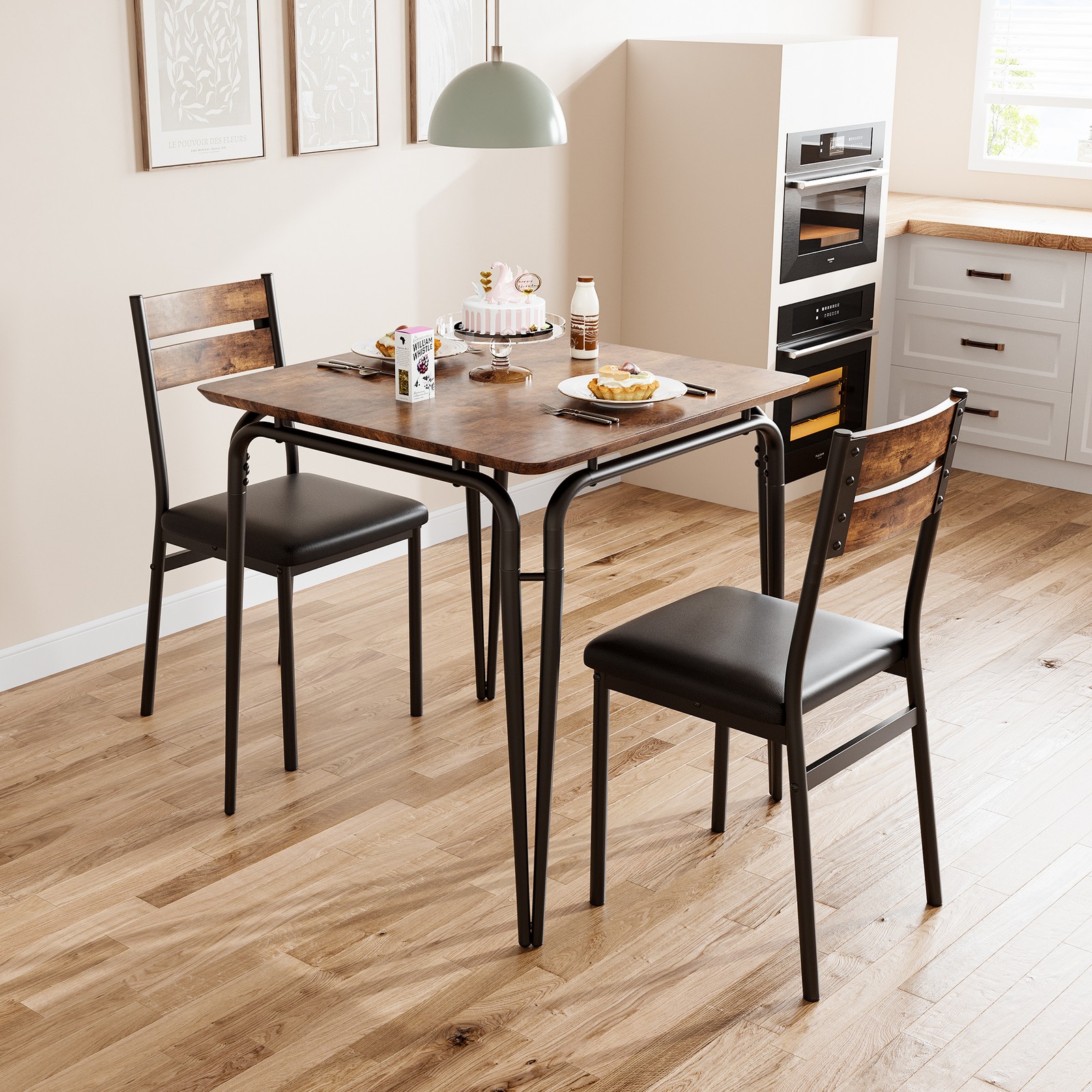 3 Piece Dining Set Gray Black Storage Compact Kitchen Dining Room Square Modern