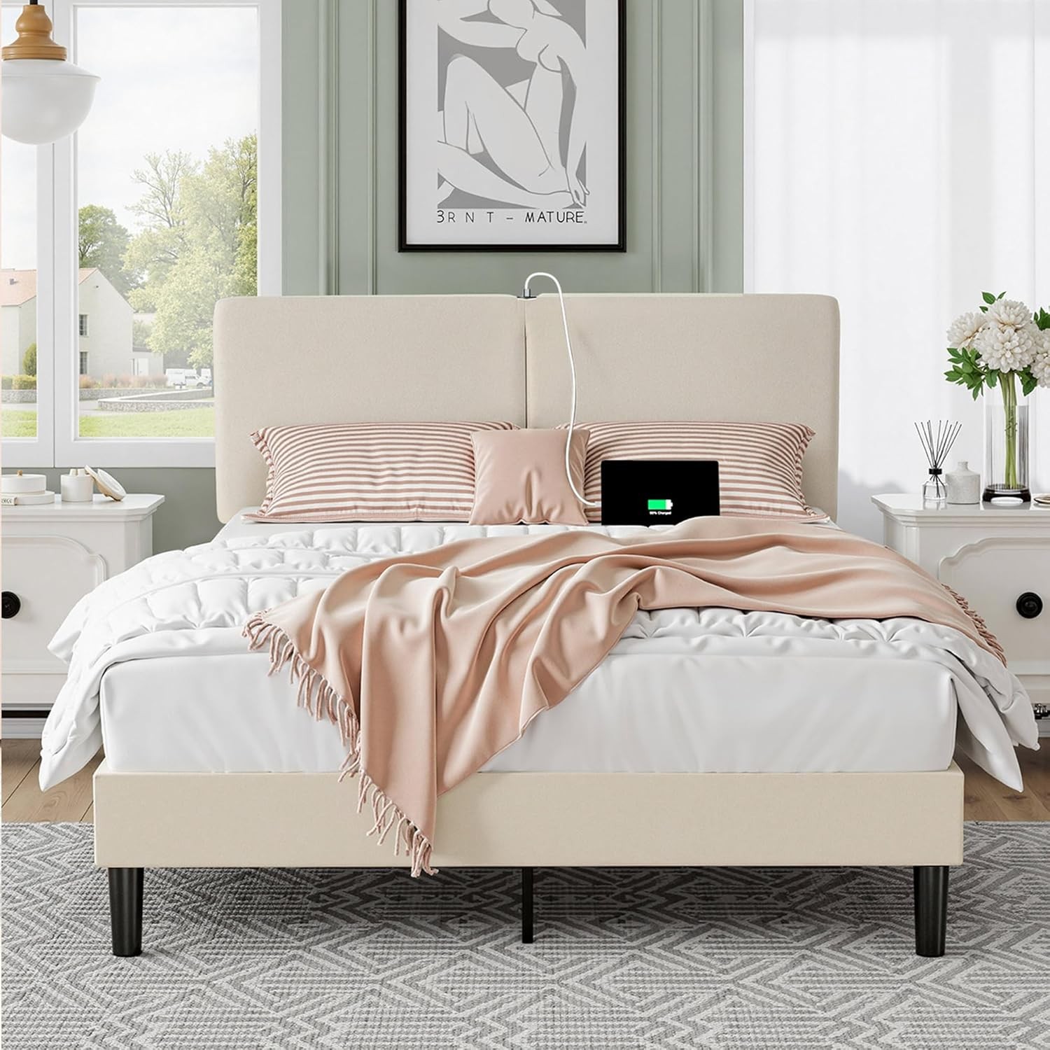 Full Bed Frame with Type-C & USB Ports, Upholstered Platform Height-Adjustble