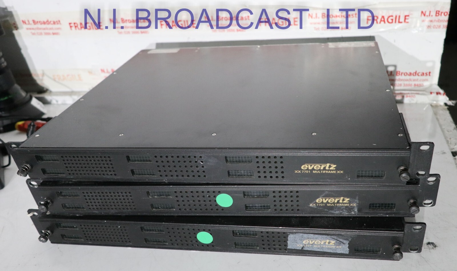 1x Evertz 7701 frame with 7701ps PSU and 2x 7765avm-4-vga SDI multiviewers