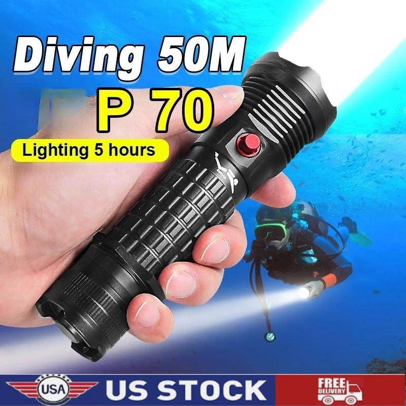 Diving Flashlight 50 Meters Underwater Lantern Searchlight Scuba Lamp US