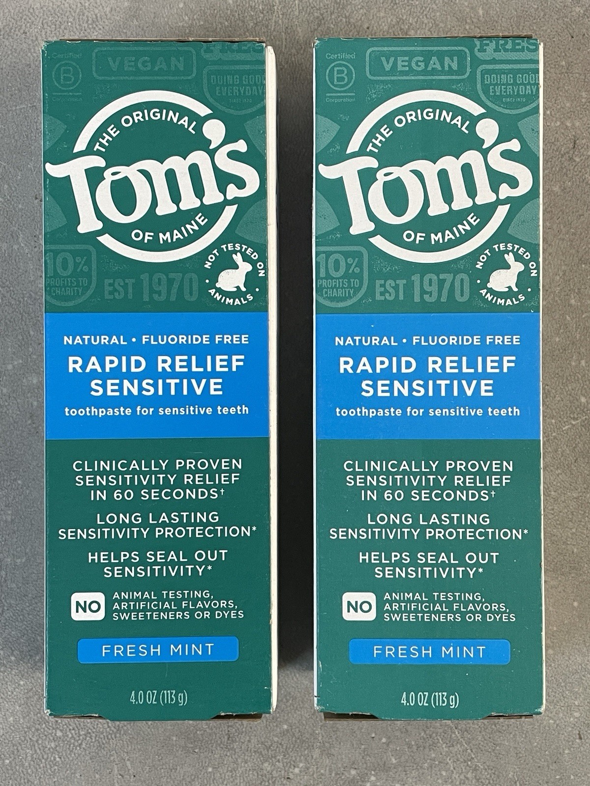 2 Tom's Of Maine Fluoride Free Rapid Relief Sensitive Toothpaste Fresh Mint 4 oz
