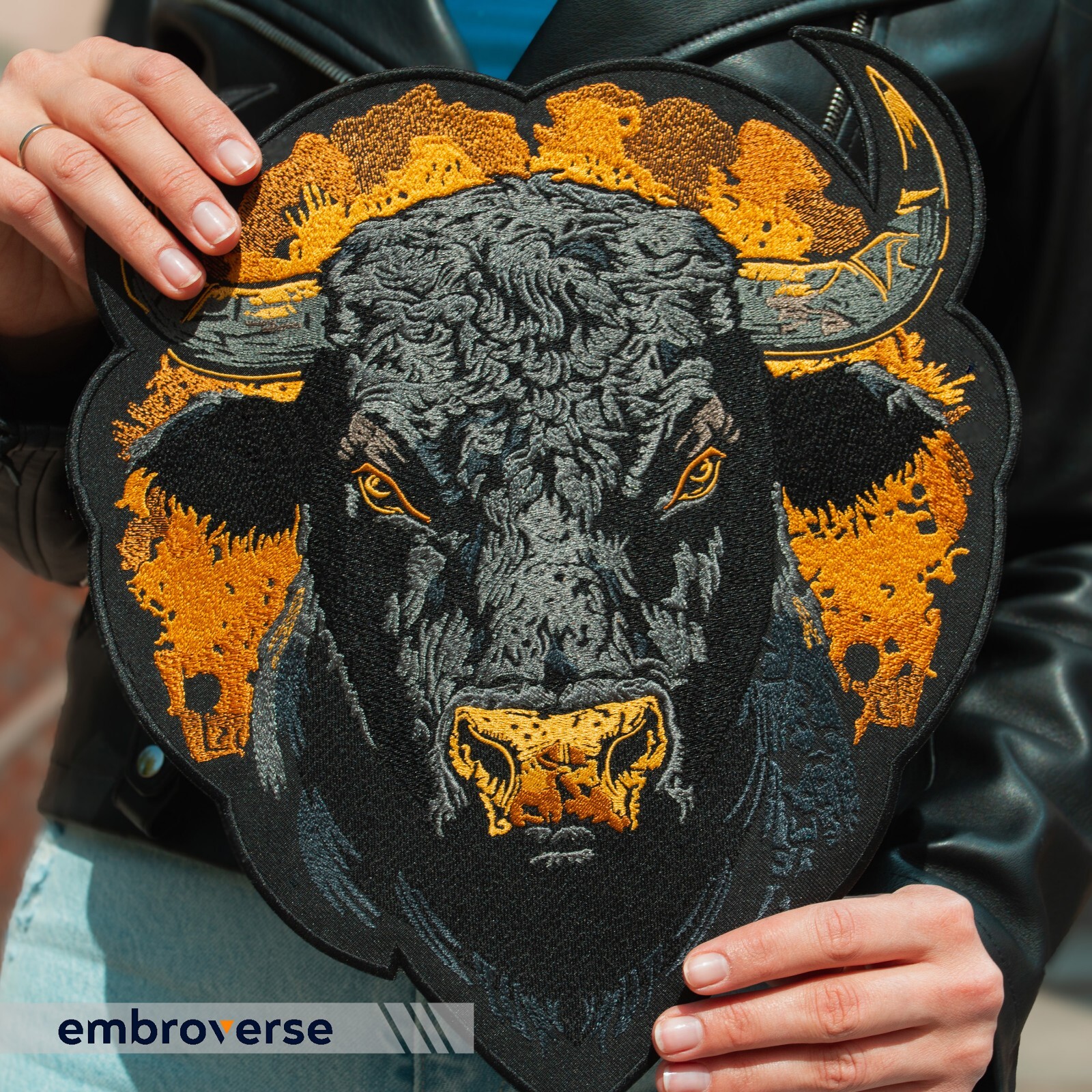 Brutal Bull Head Large Back Patch - Embroidered Wild West Rugged Bison, Iron On
