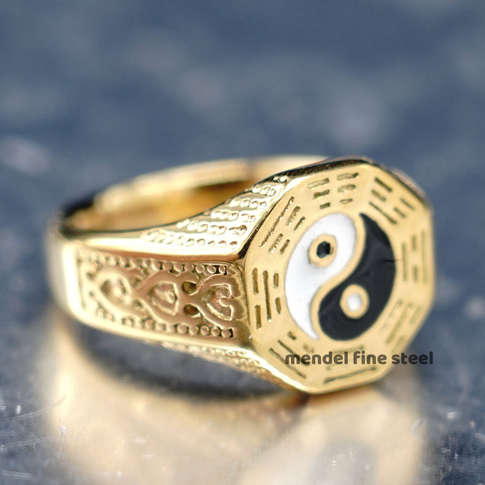 MENDEL Mens Stainless Steel Gold Plated Yin Ying Yang Protection Ring Size 7-15