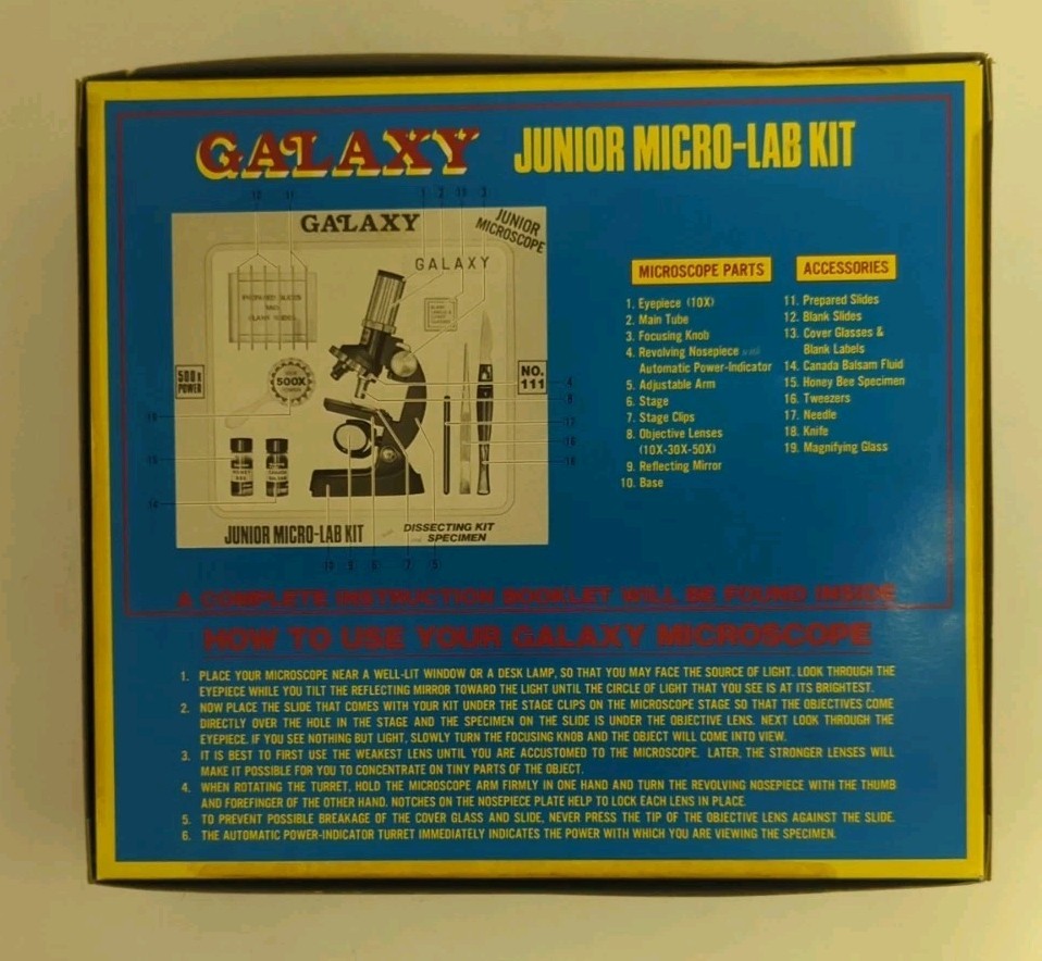 vtg Galaxy Microscope Junior Micro-Lab Dissecting Kit 100x-500x #111 w/Paper MIB