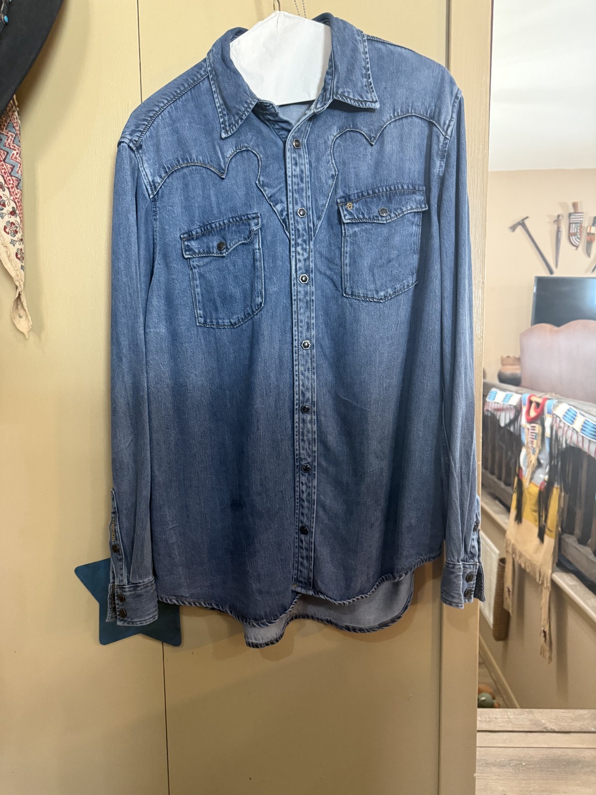 STETSON COWBOY WESTERN RETRO DENIM SHIRT W/ BLACK PEARL SNAPS - MEN'S XL