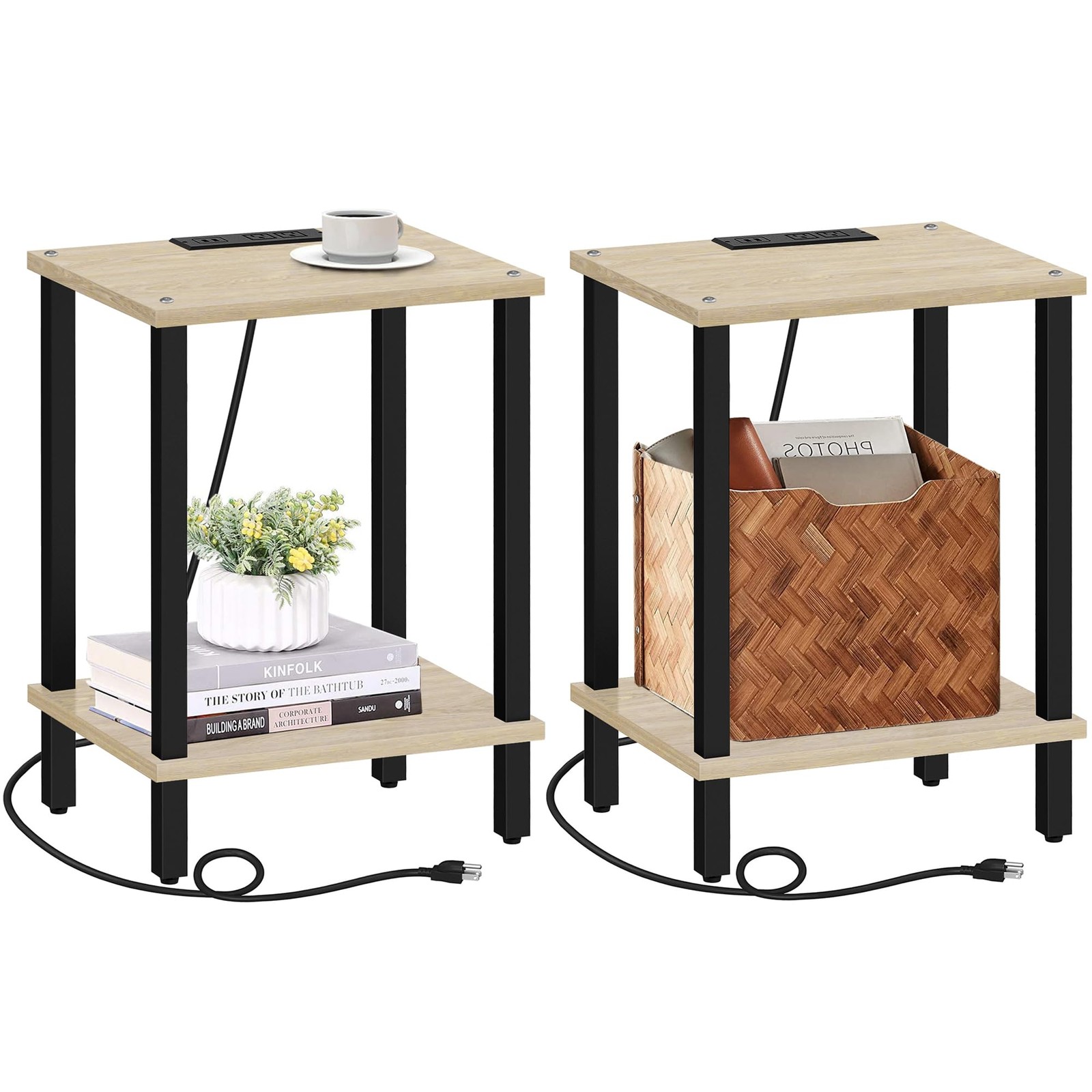 TUTOTAK End Table with Charging Station, Set of 2, Side Table with USB Ports and