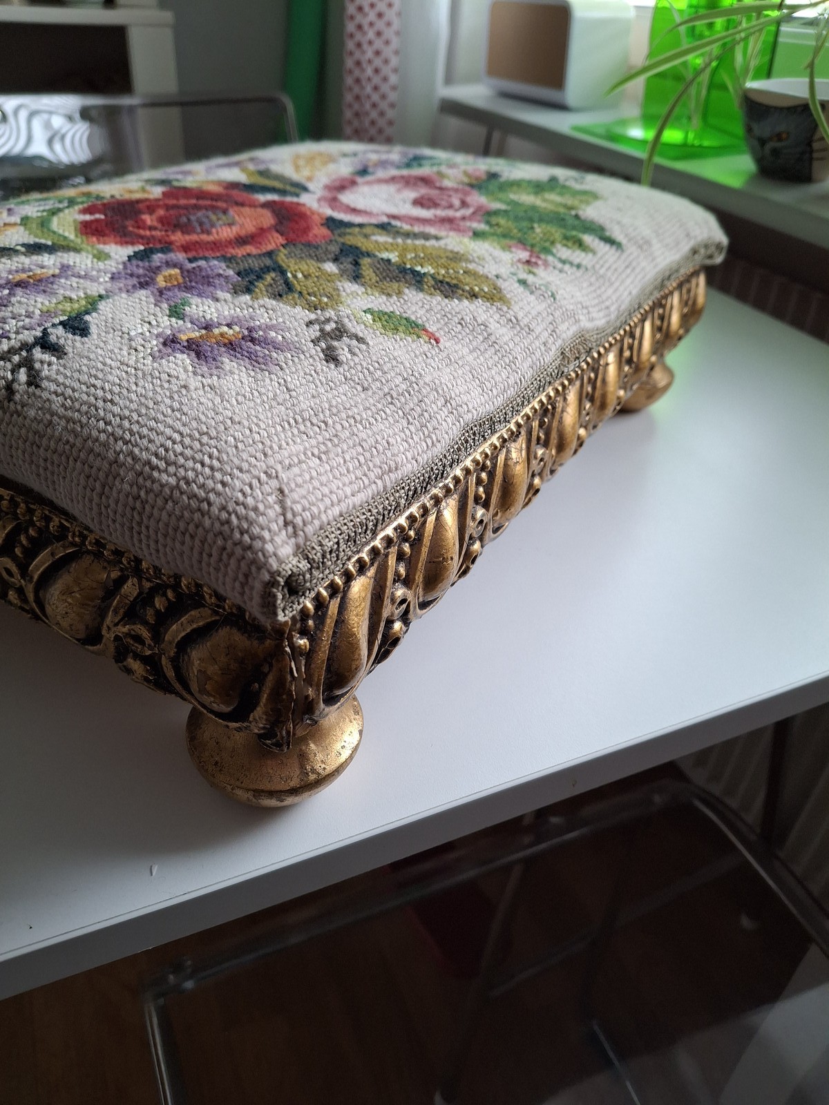 Petit point foot rest gilt foot stool vintage sweden