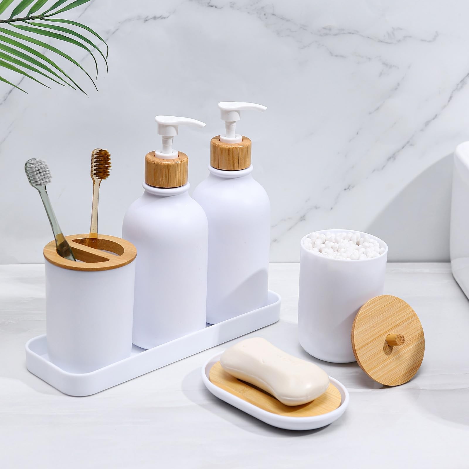 Matte White Bathroom Accessories Set 7 Pcs,Bamboo Bathroom Accessories Sets,W...