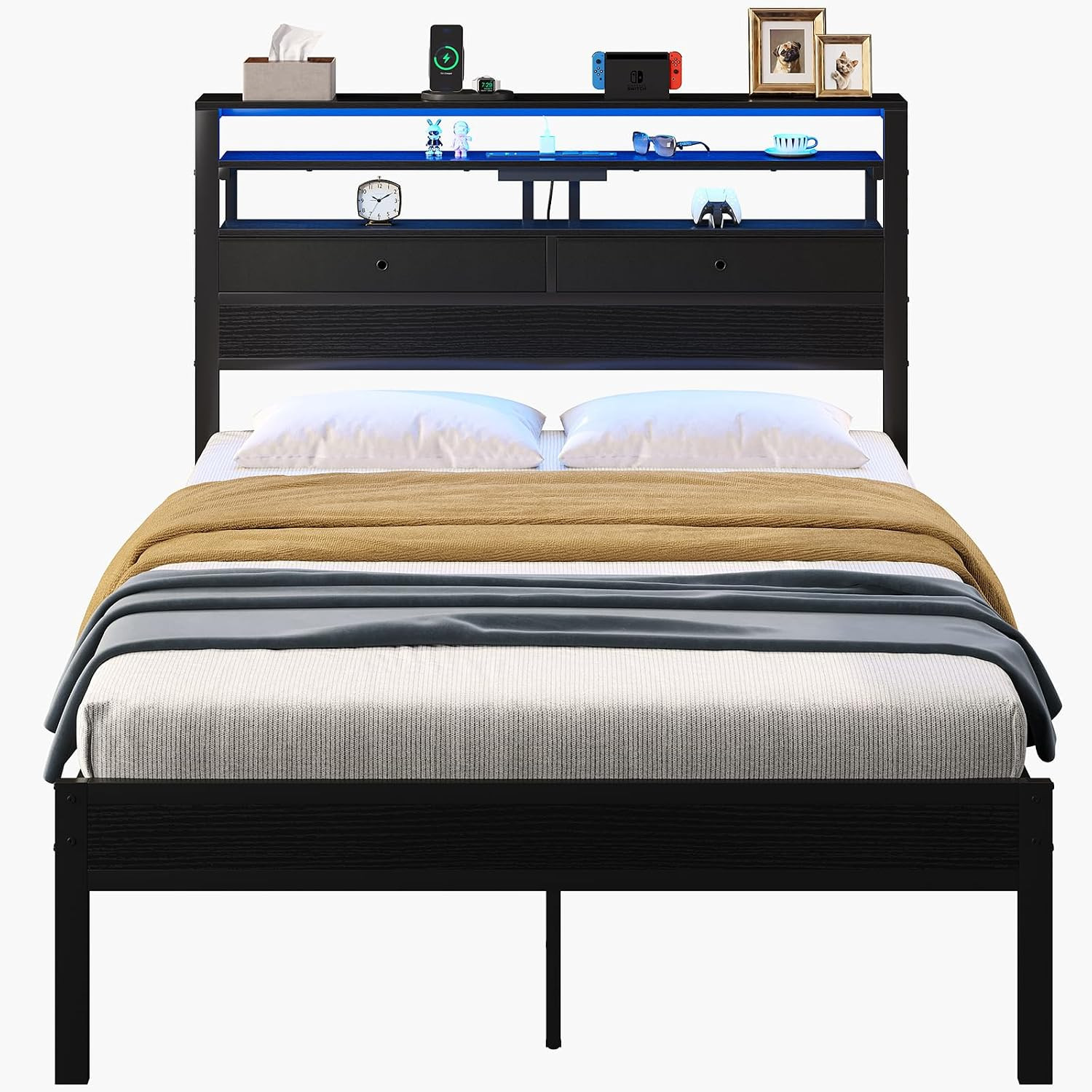 Queen Bed Frame with LED Lights and Charging Station, Platform Bedframe with Sto