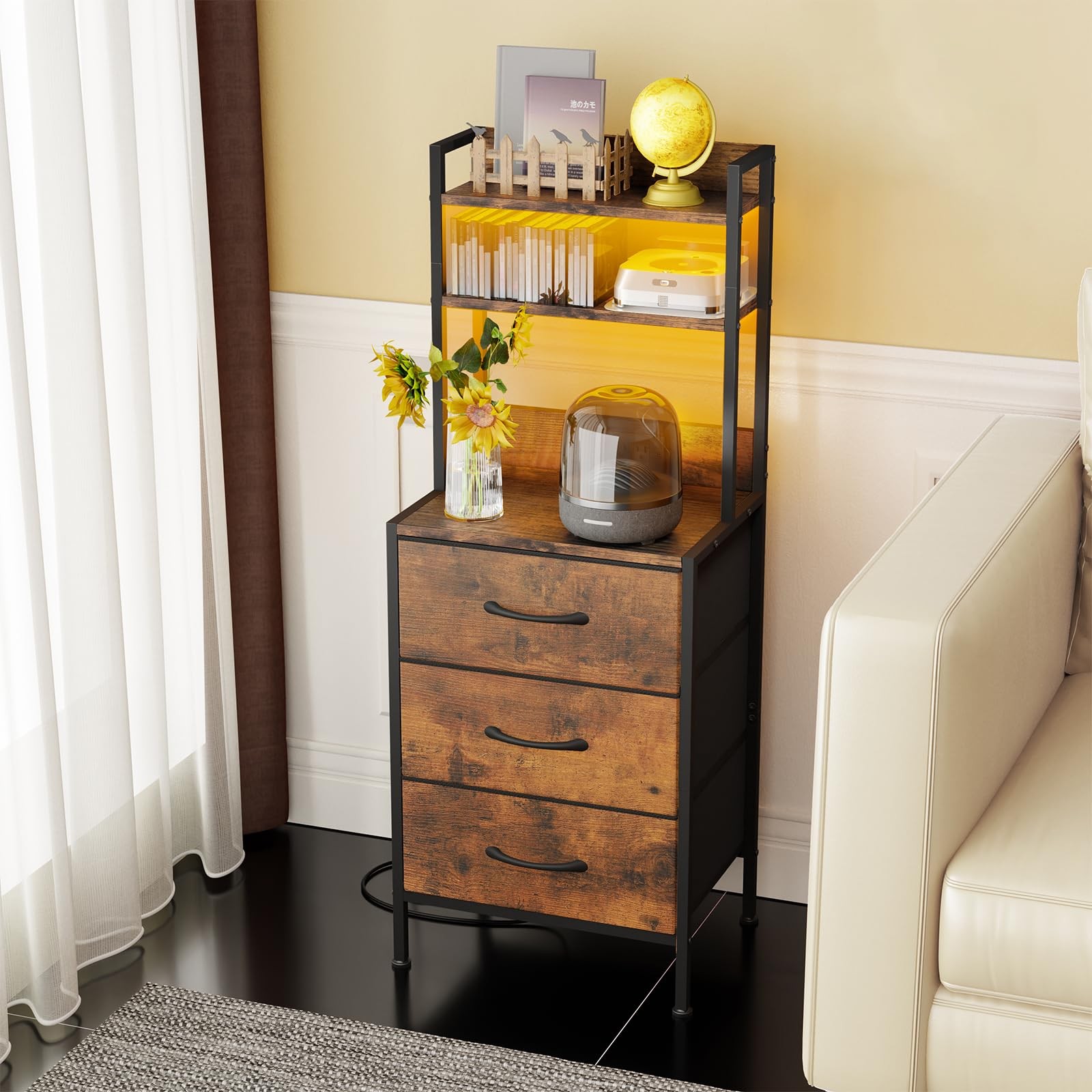 41 Inch Tall Nightstand with Charging Station, Led Night Stand with U-S-B Por...