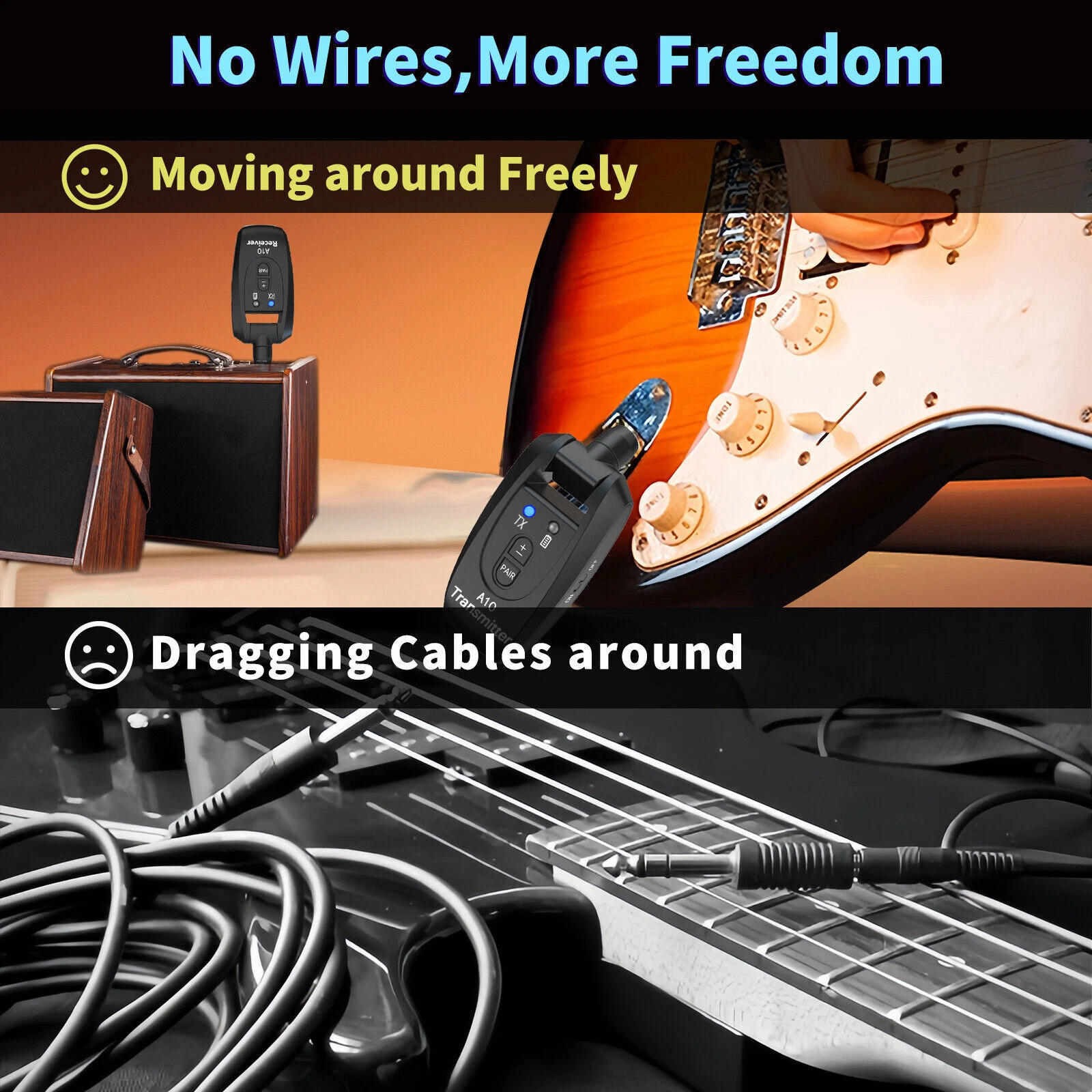 2.4GHz Wireless System Transmitter Receiver For Electric Guitar 100ft Range