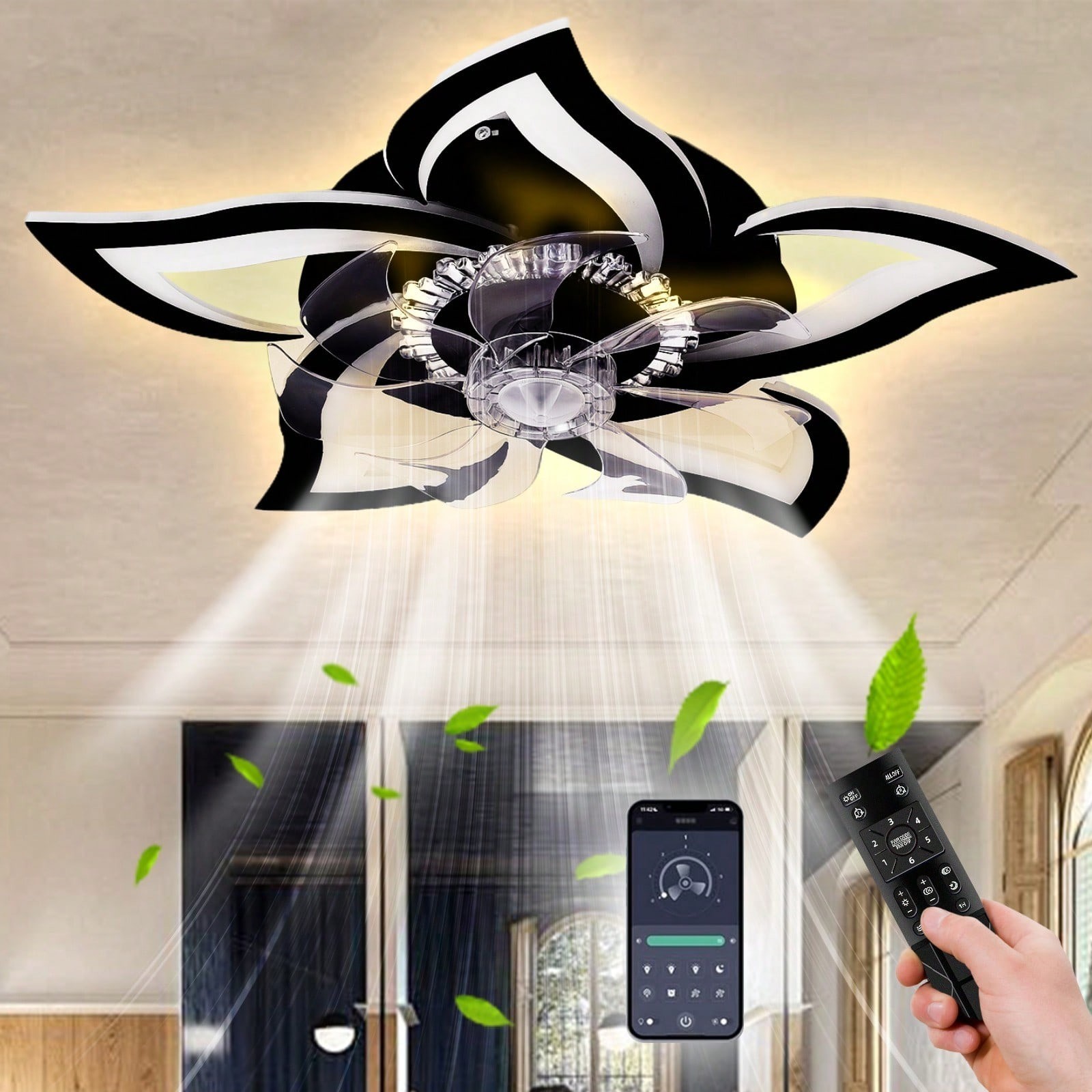 27 Ceiling Fan With Light Remote Control 6 Speeds 3 Color Low Profile Flush