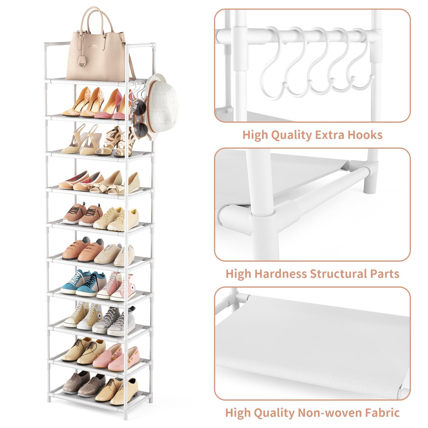 10 Tiers Tall Shoe Rack 2025 Pairs Boots Organizer Storage Sturdy Narrow Shoe...