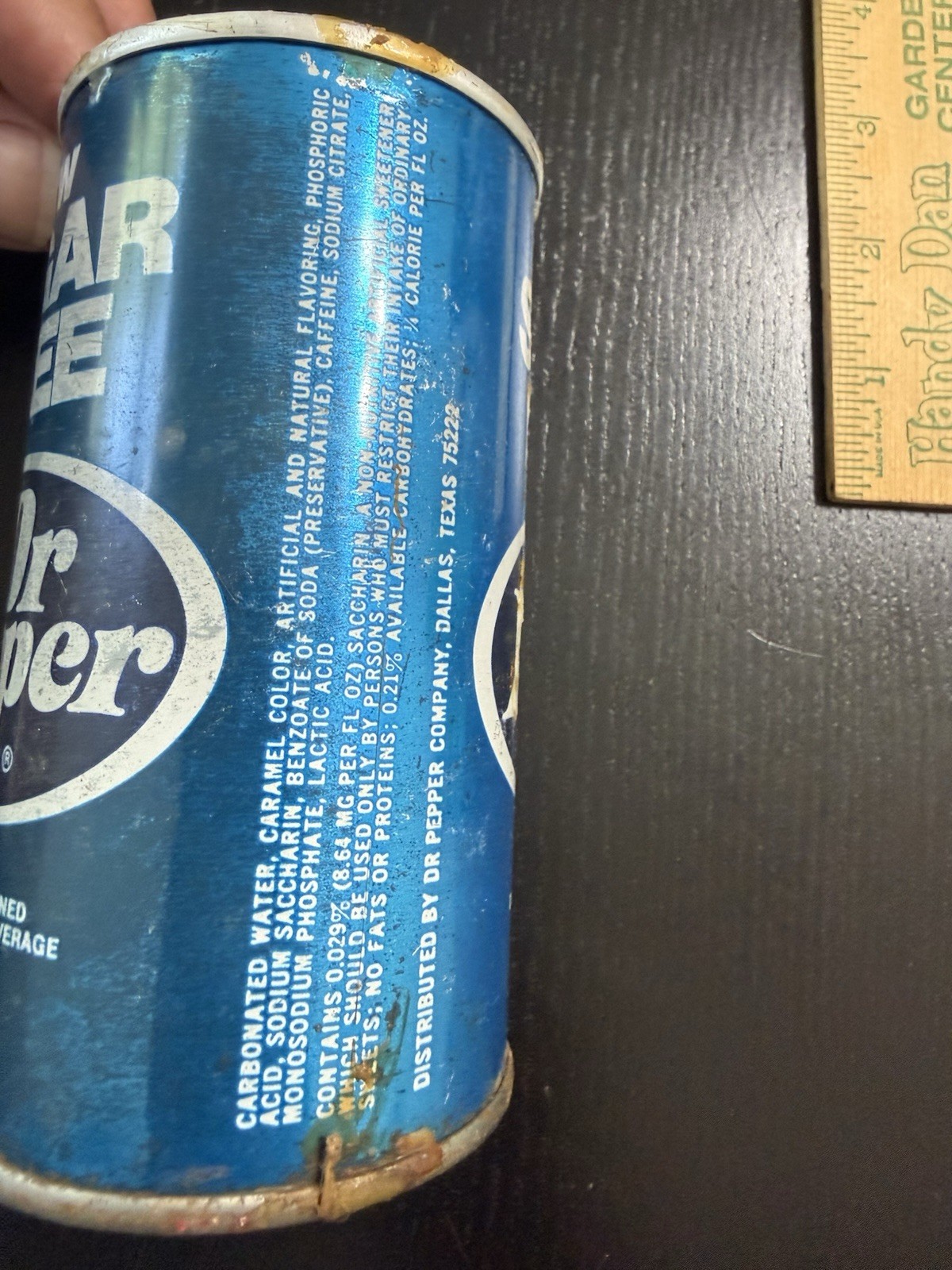 Dr. Pepper Sugar Free Soda Pop Old Vintage 1970s 12 oz Steel Tin Metal Blue Can