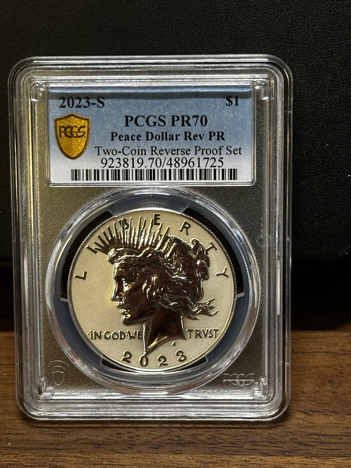 2023-S Peace Silver Dollar Reverse Proof Graded PCGS PR 70 Blue Label Gold Shiel