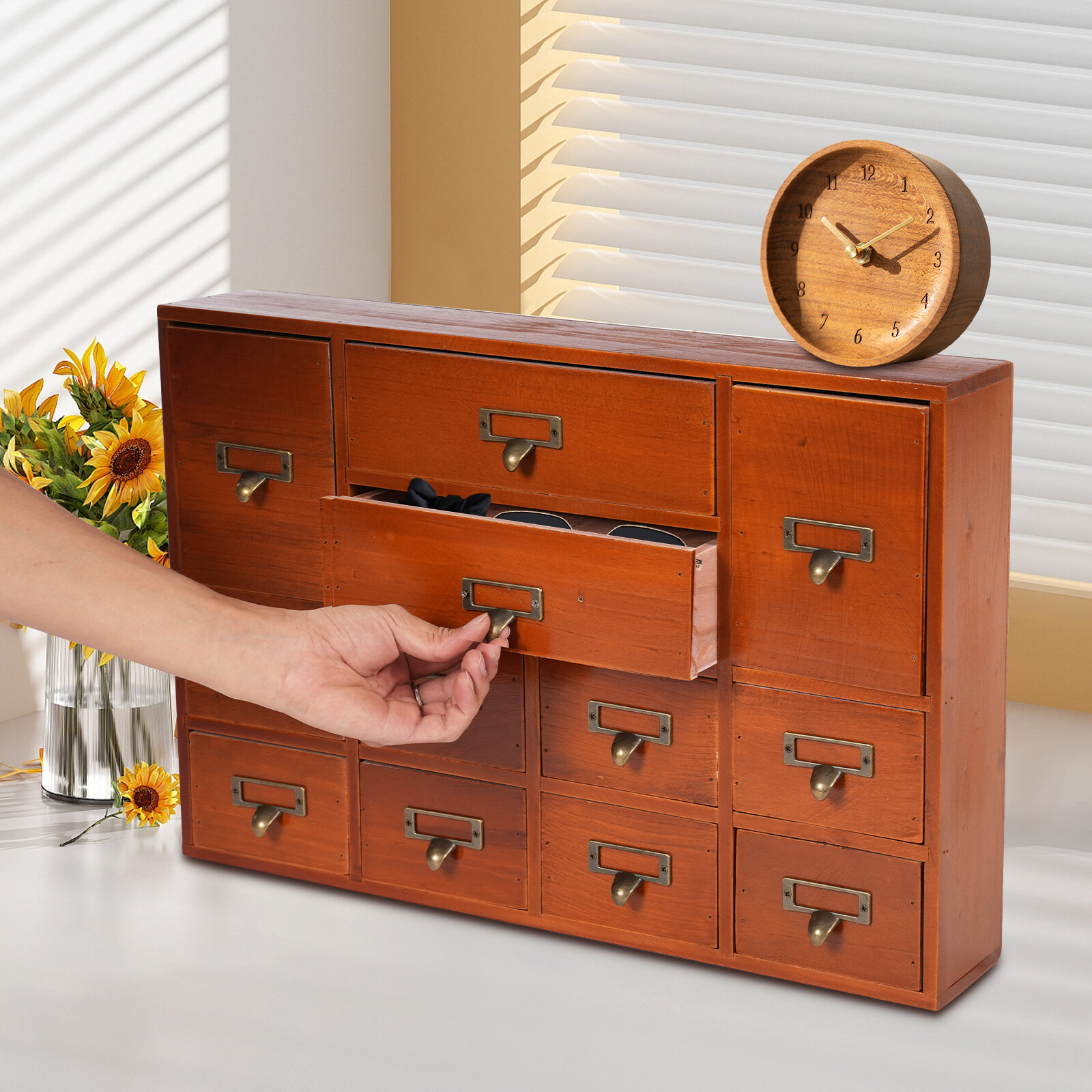 12-Drawer Wooden Desktop Organizer - Stylish Storage for Home & Office