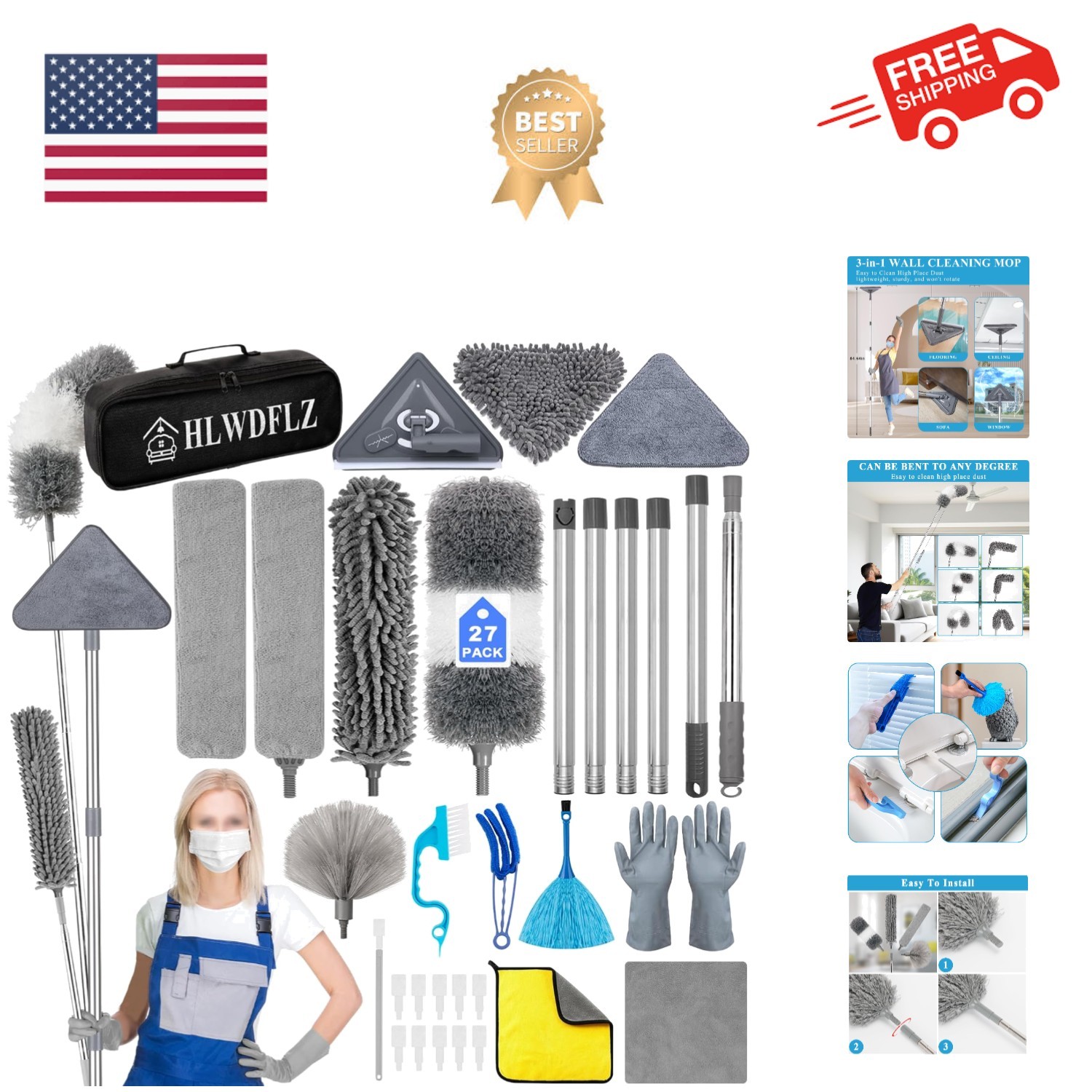Microfiber Duster Kit 27pcs with 30 to 100 Inches Extension Pole and Wall Cle...