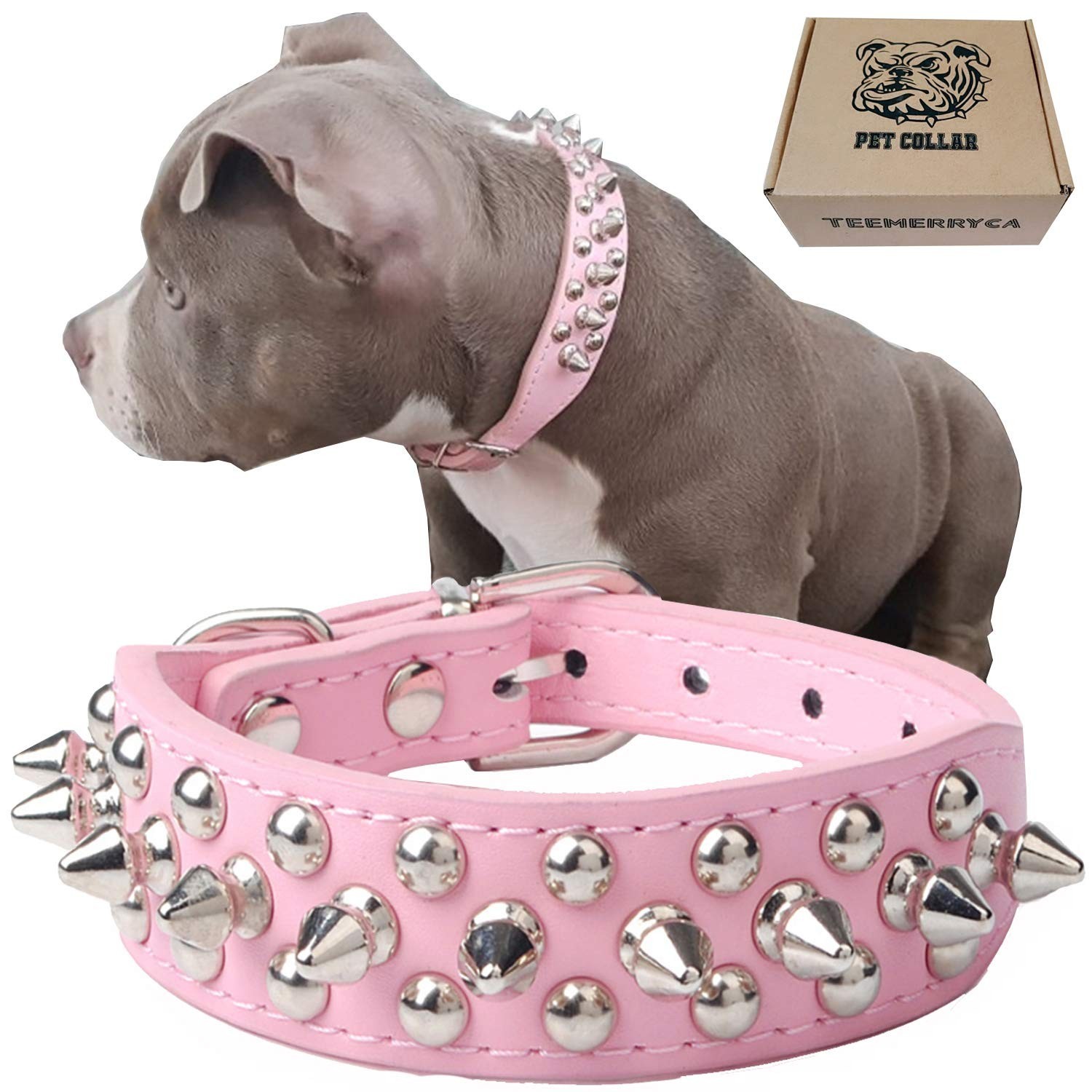 TEEMERRYCA Adjustable Leather Spiked Studded Dog Collars with a Squeak Ball G...