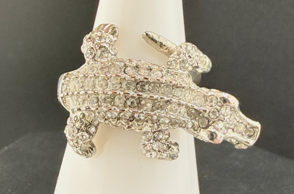 Crocodile Ring Black Eyes Rhinestone Silver Tone Size 9