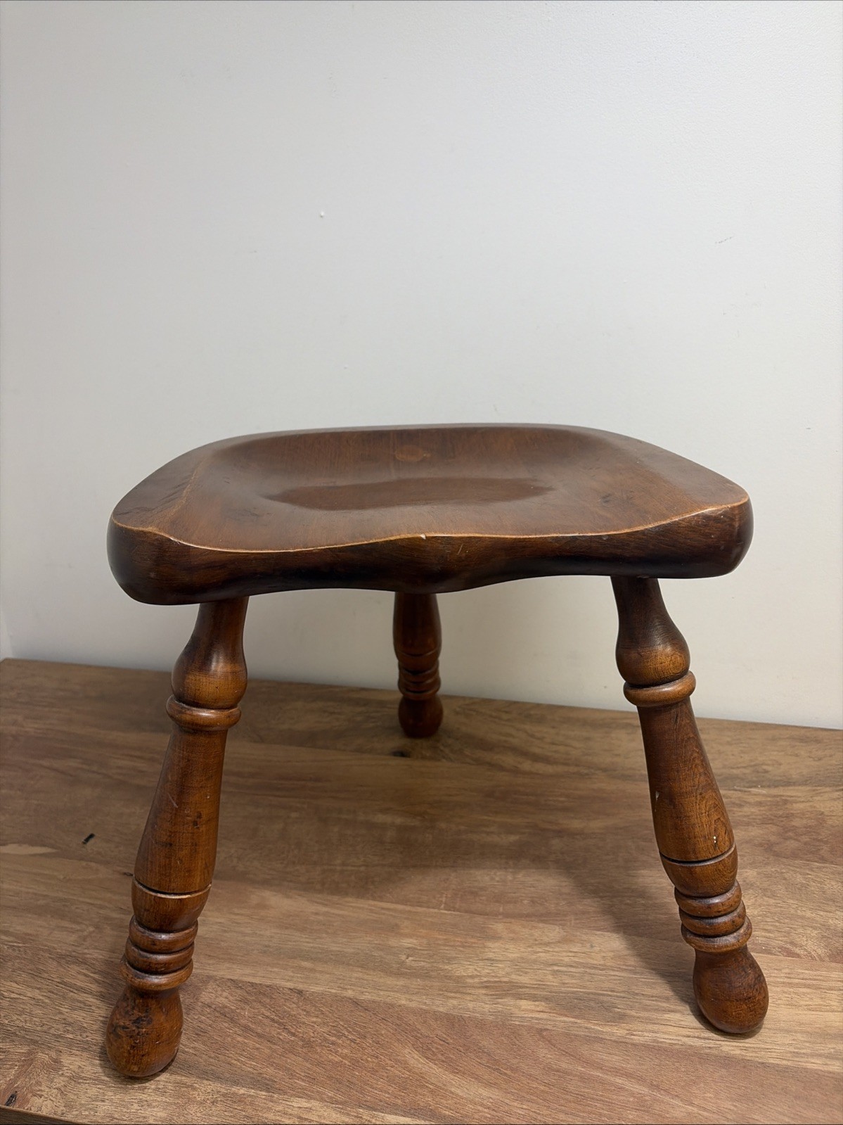 Vintage 3 Leg Maple Milking Stool #R82A Solid Wood Butt Or Saddle Seat Stool