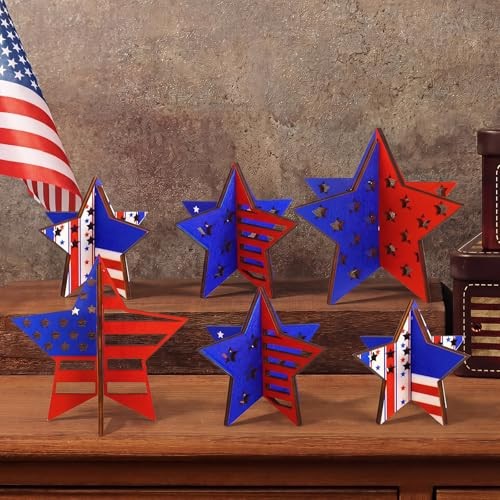 Maitys 6 Pcs 4th of July Decoration Patriotic Wooden Signs Red White Blue Star