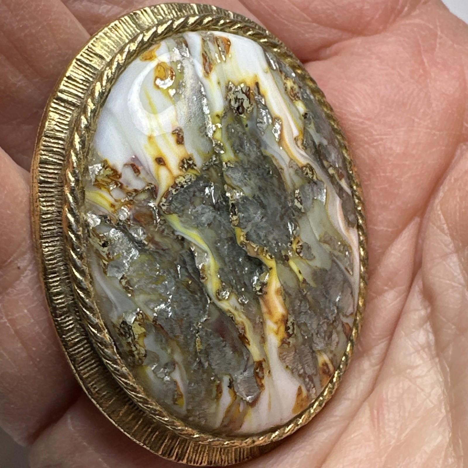 Vintage Original by Robert Brooch Pendant Mottled Stone Goldtone Setting Pretty