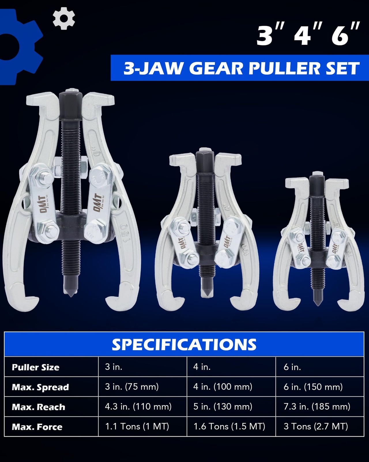 OMT 3" 4" 6" Gear Puller Set, 3 Jaw with Reversible 6", silver