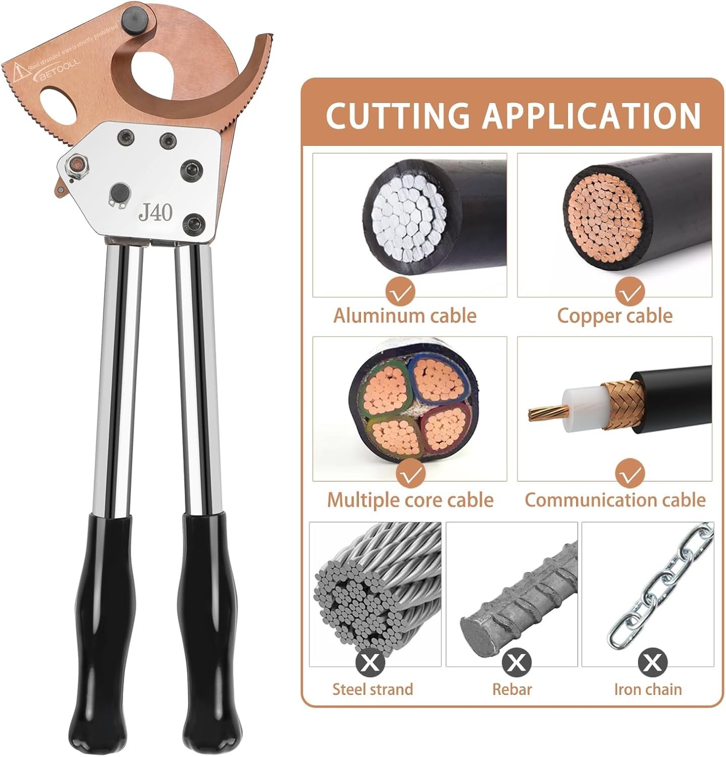 BETOOLL Heavy Duty Aluminum Copper Ratchet Cable Cutters up to 300mm² Wire Cutte