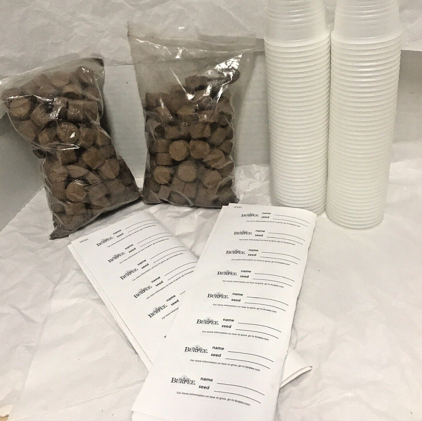 Peat Soil Pellets Seeds Starting Plugs with Cups and Burpee Labels Greenhouse