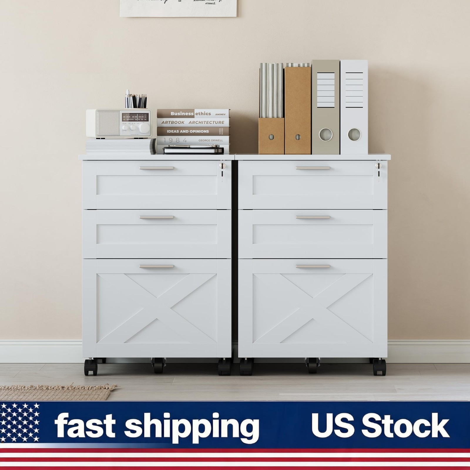 File Cabinet 3-Drawer Lockable Mobile Wood Printer Stand Under Desk Rolling