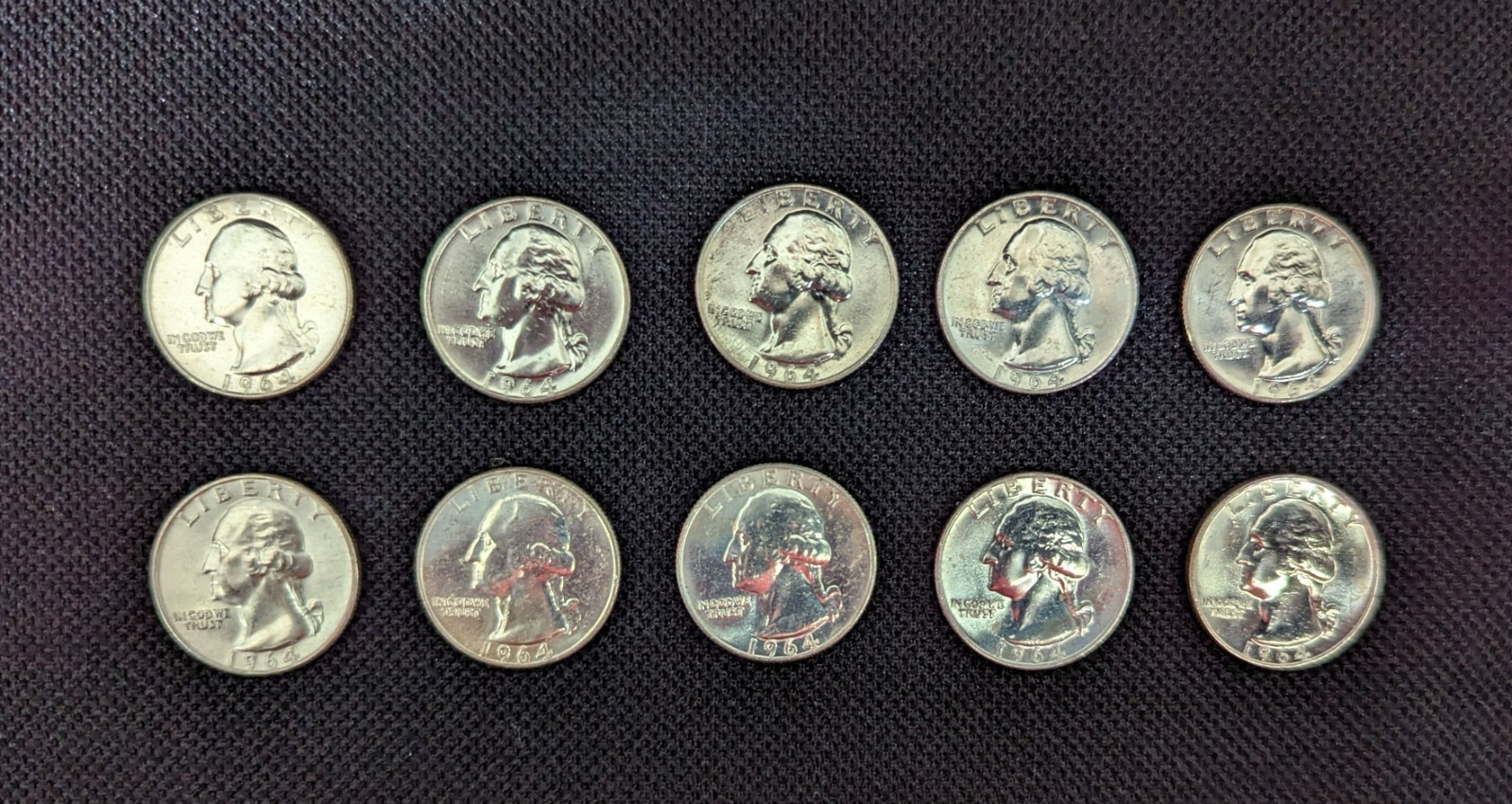 Lot of Ten 1964 BU 90% Silver Washington Quarters, 10  D brilliant UNC quarters
