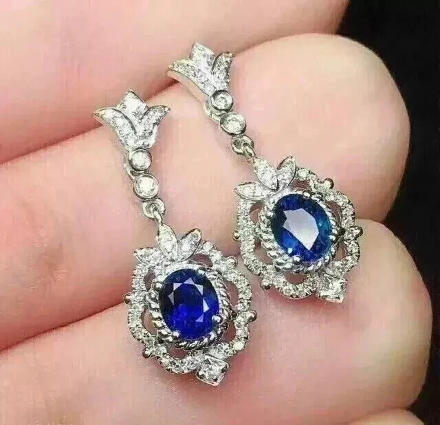 3Ct Oval Cut Lab Created Blue Sapphire Women Drop Earrings 14K White Gold Plated