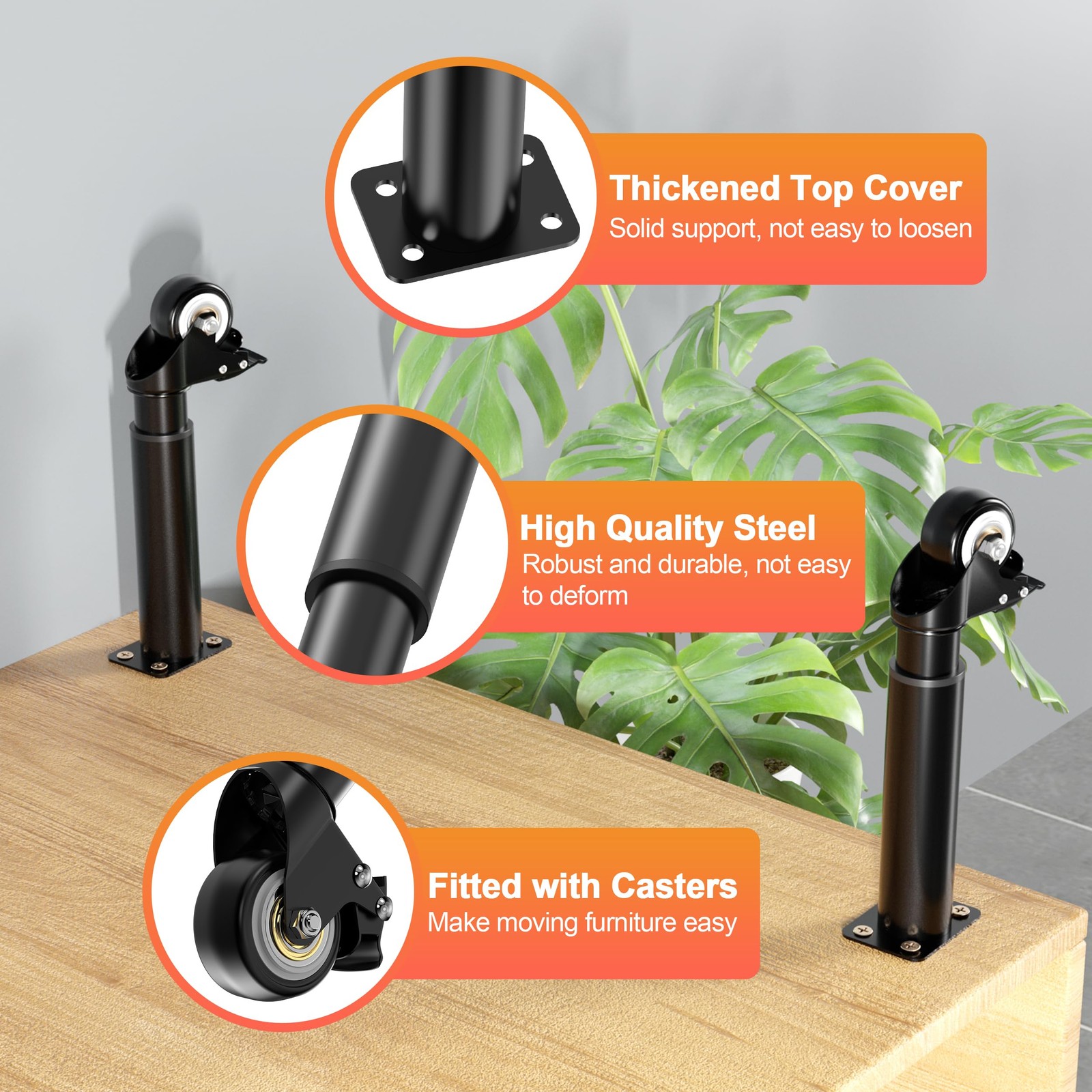 7-12 inch Metal Adjustable Furniture Legs with 2.36 inch Swivel Caster Wheels fo
