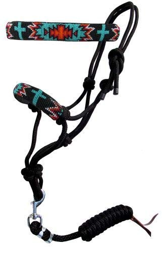 Showman Turquoise/Red Navajo Cross Beaded Nose Cowboy Knot Rope Halter w/7' Lead