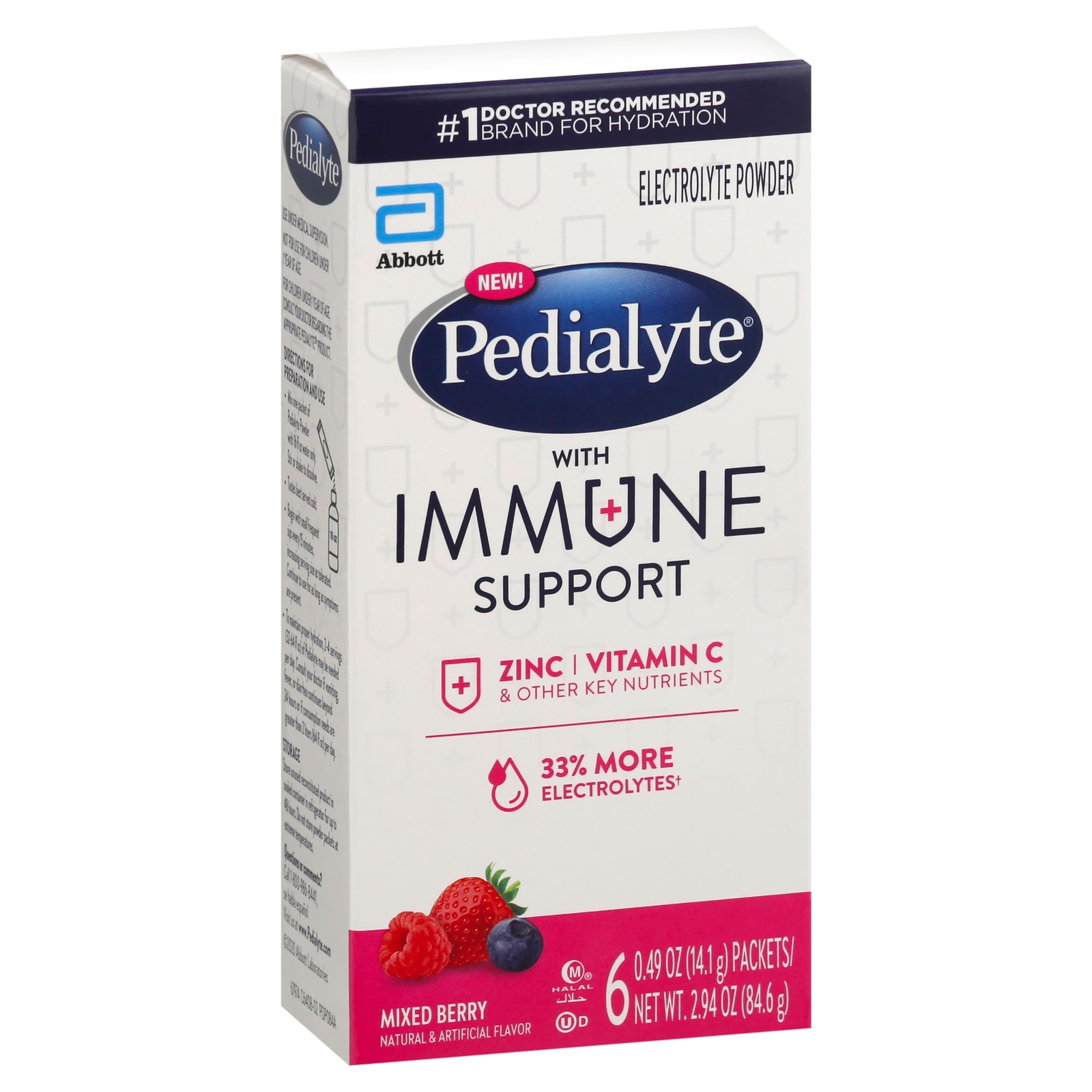 Pedialyte, Electrolyte Drink Immune Support Mixed Berry Berry Powder, 6 Count,