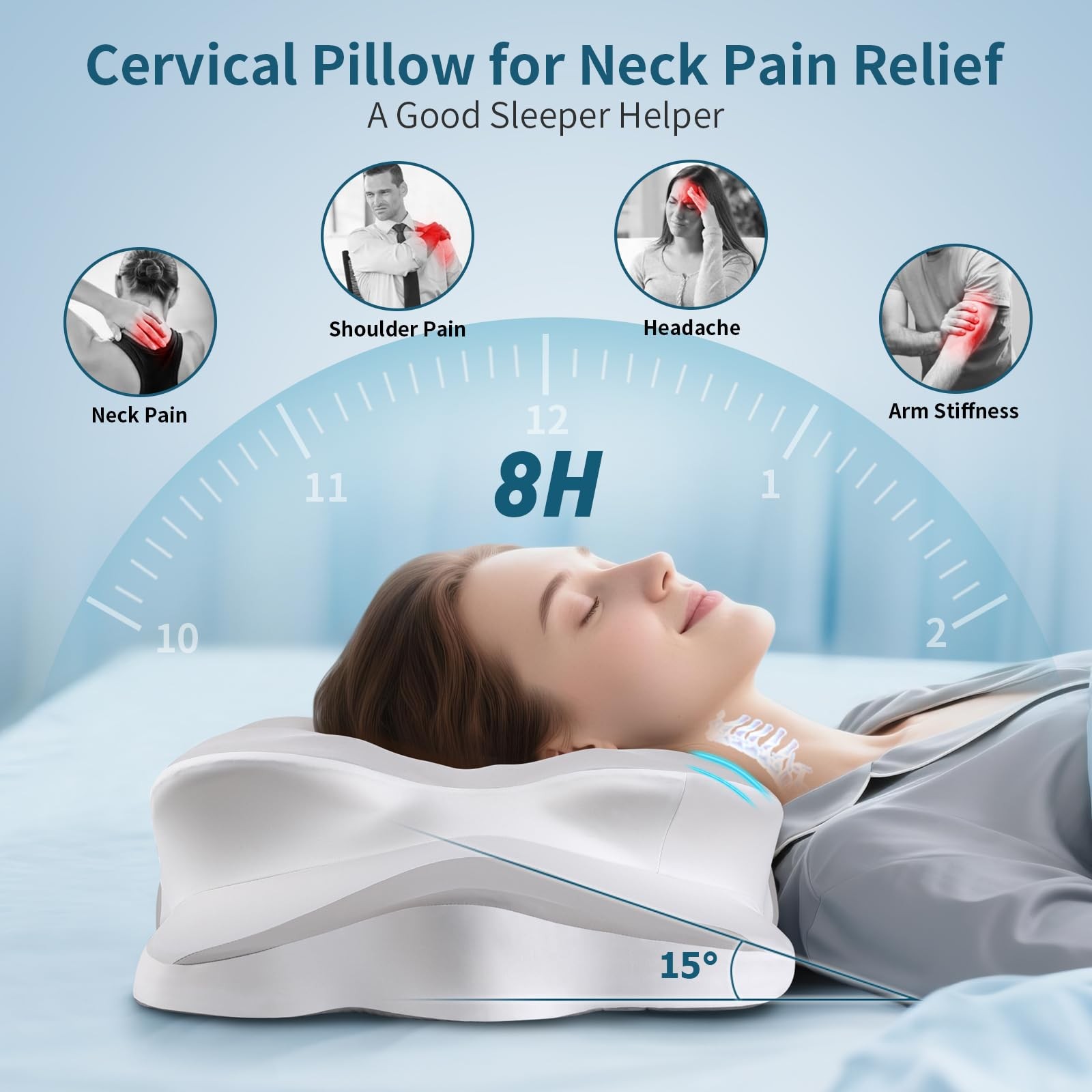 Cervical Neck Pillow - Support Pillows for Sleeping, Contour Memory Grey