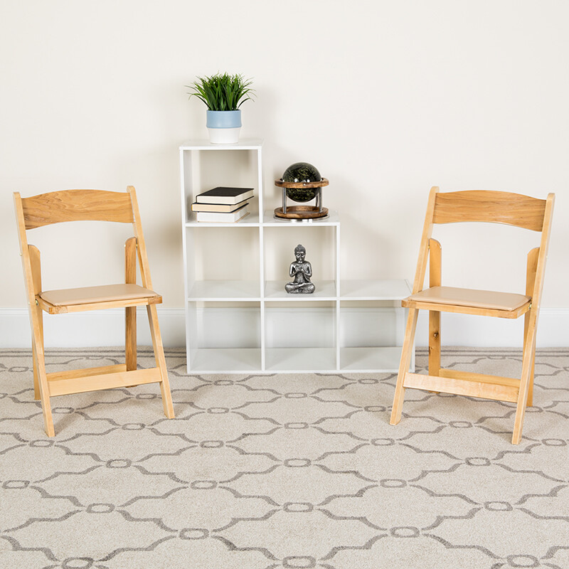 Natural Wood Folding Chair with Black Vinyl Padded Seat - Wedding Chair