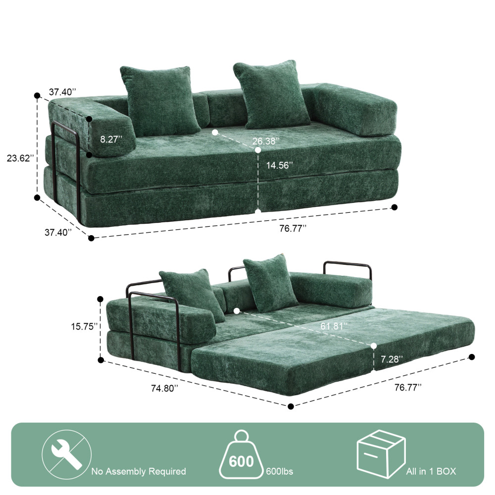 Memory Foam Foldable Sofa Bed 3-Seat Futon for Living Room, Dark Green Chenille