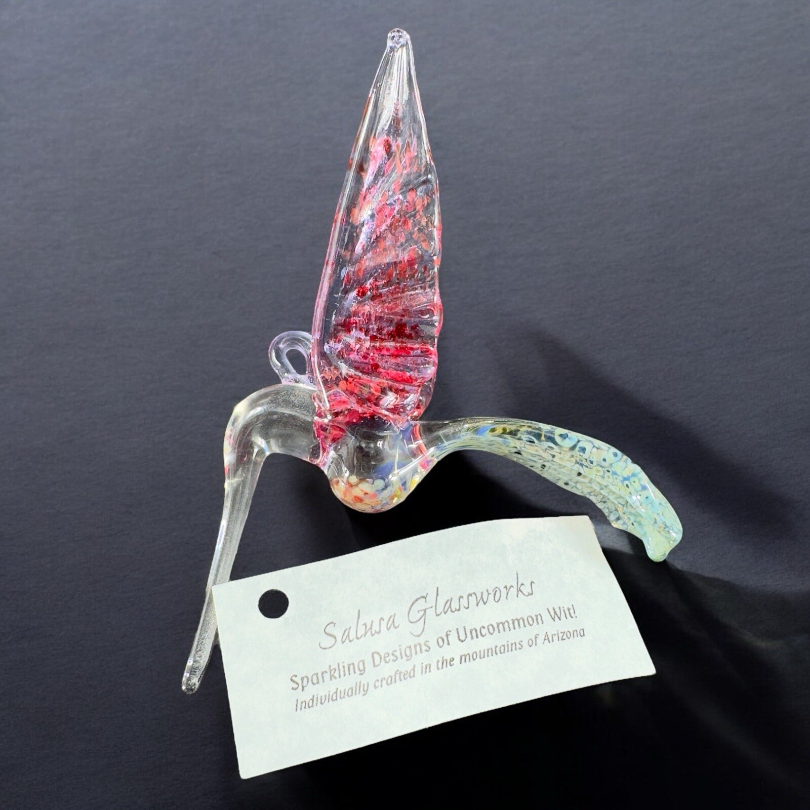 Bandhu Dunham Hand Blown Salusa Glass Christmas Ornament Hummingbird Figure Tag