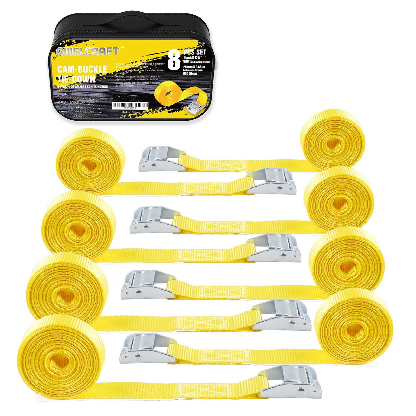 Lashing Tie Down Strap 8PK 1" x 12FT Cam Buckle Tie Down up to 600lbs, Yellow...