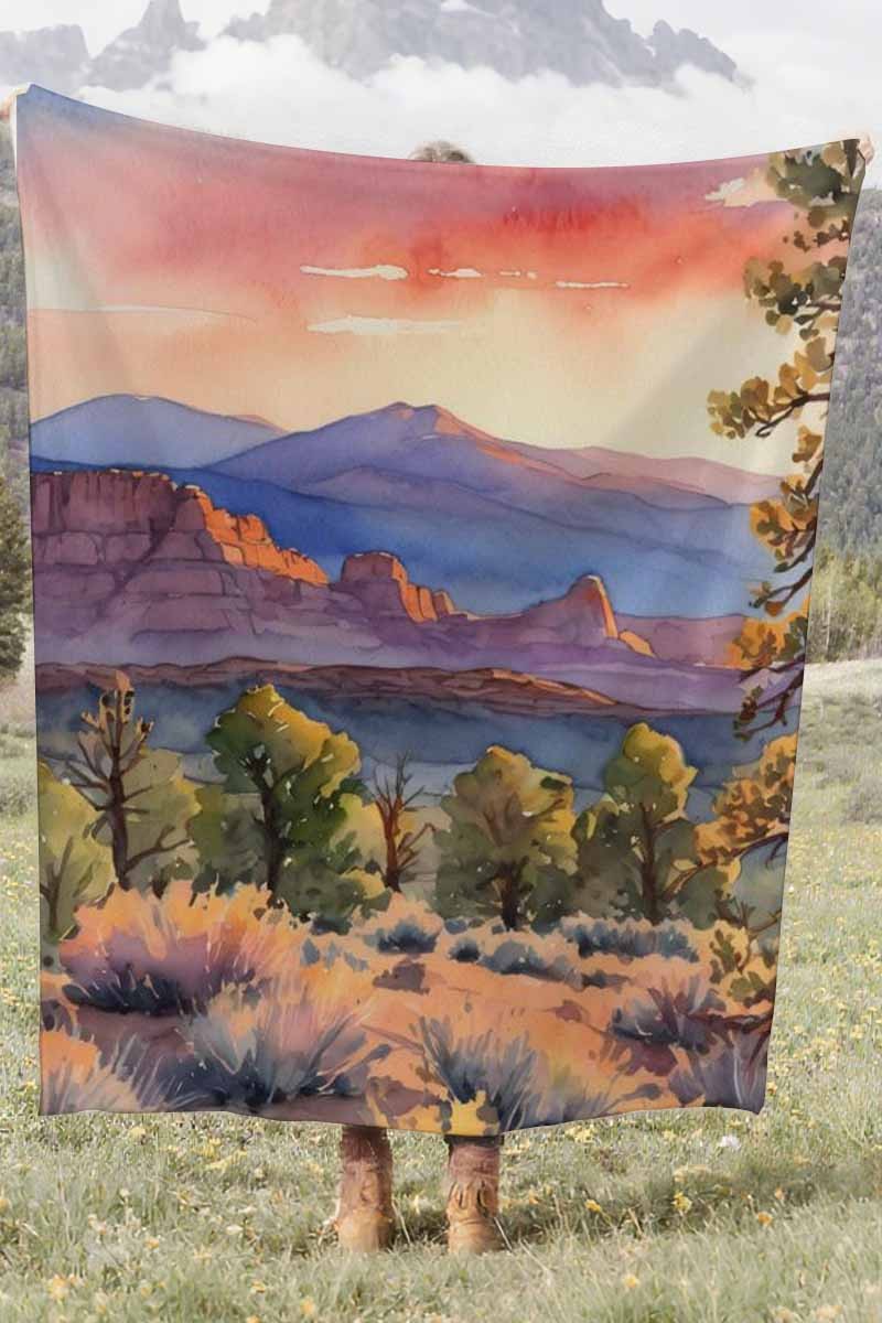 Watercolor Desert Sunset Coral Fleece Cozy Throw Blanket Rustic Stunning