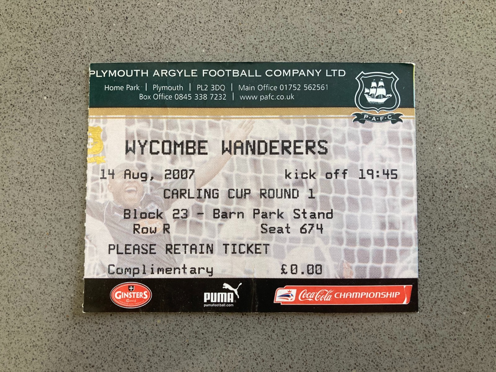 Plymouth Argyle v Wycombe Wanderers 2007-08 Match Ticket