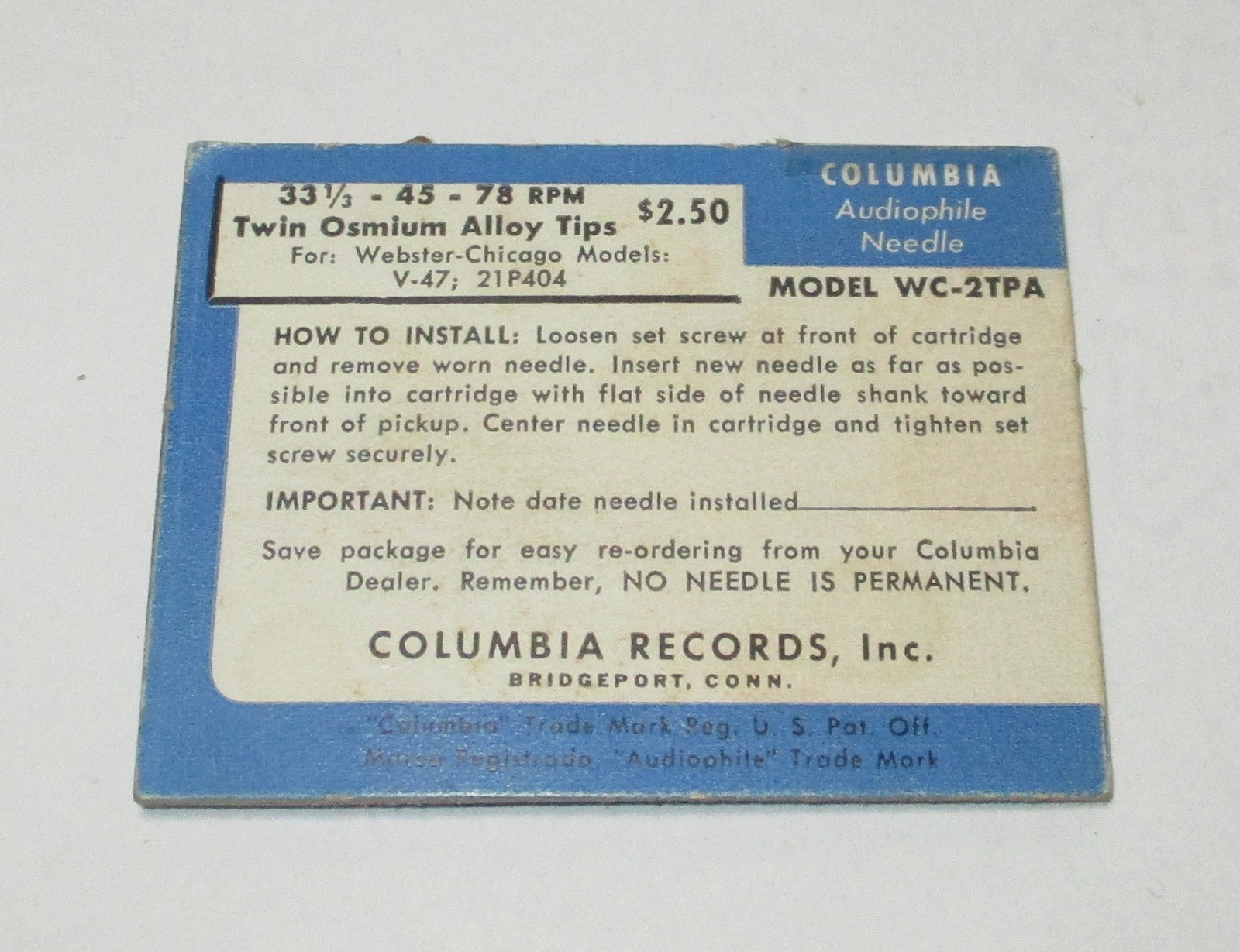 Columbia WC-2TPA 78 RPM Twin Osmium Needle for Webster V-47 & 21-P404 Cartridges